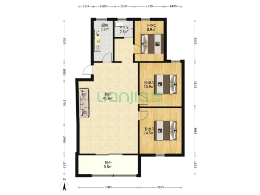 龙山花苑 3室1厅1卫 110平方
