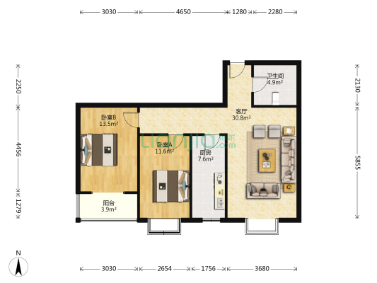 翰唐公寓 2室1厅1卫 108平方