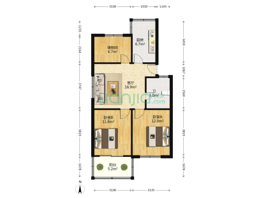 鸿雁公寓 2室1厅1卫 77平方