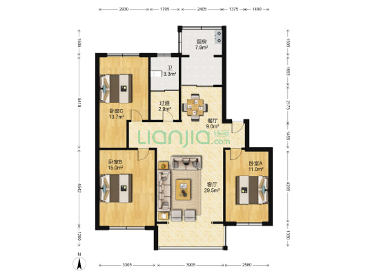 硕秋园 3室2厅1卫 114平方