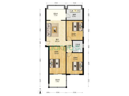 银海住宅组团 3室1厅1卫 107平方
