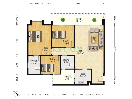 创基丽江国际 3室1厅2卫 118平方
