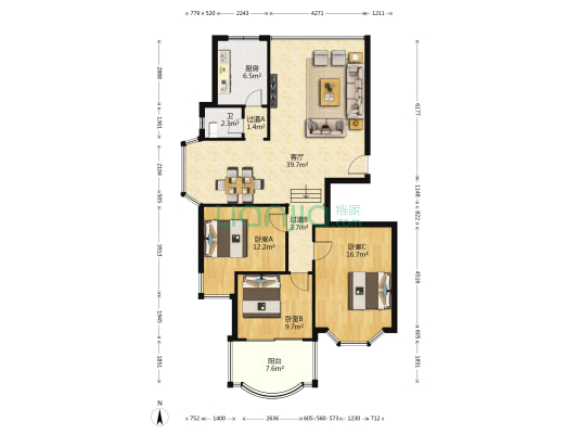 财富时代 3室1厅1卫 117平方