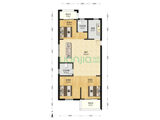 西门锦苑 3室1厅2卫 120平方