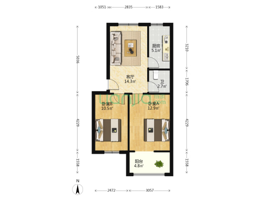 食品总厂家属院 2室1厅1卫 65平方