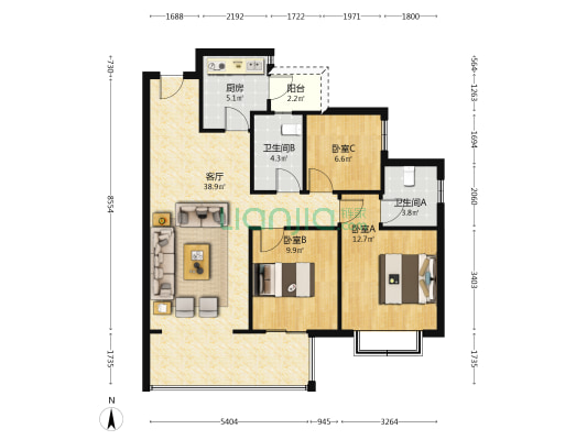 旭辉天樾花园 3室1厅2卫 108平方