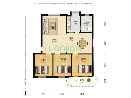 金牛花苑 3室2厅1卫 90平方
