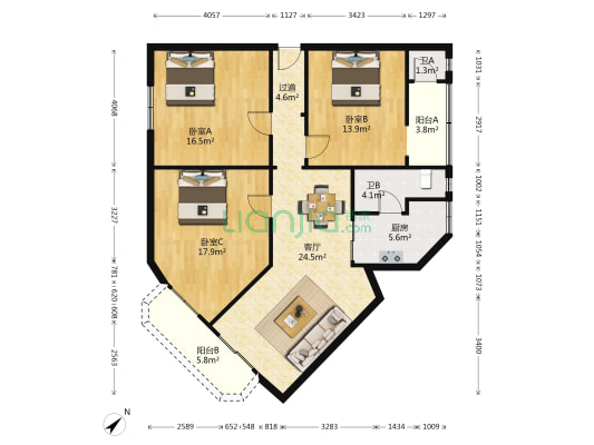渝航路社区 3室1厅2卫 121平方