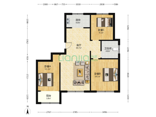 创投·潍州金谷 3室1厅1卫 125平方