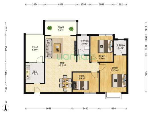 阳光新城春江苑 3室1厅2卫 108平方