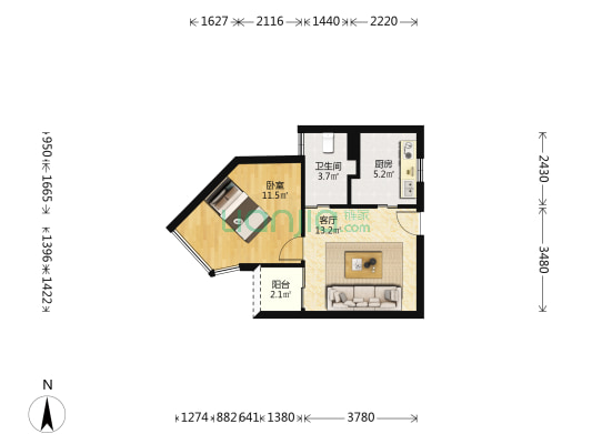 泰莱大厦 1室1厅1卫 53平方
