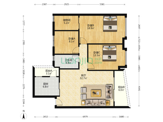 雅宝新城B区(二区) 3室1厅1卫 116平方