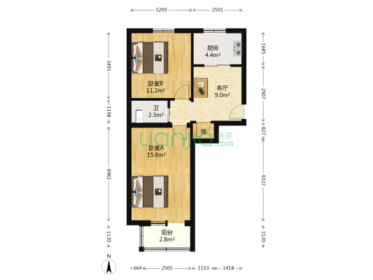 花梗胡同1号院 2室1厅1卫 54平方