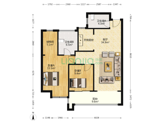 万城赞园 2室1厅2卫 99平方