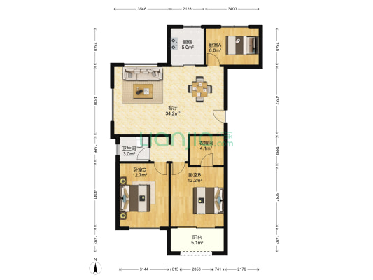 时代望府 3室1厅1卫 115平方