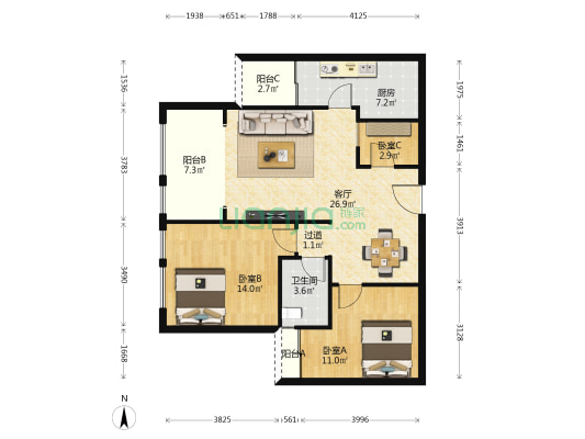 中恒江南天地B区 3室1厅1卫 95平方