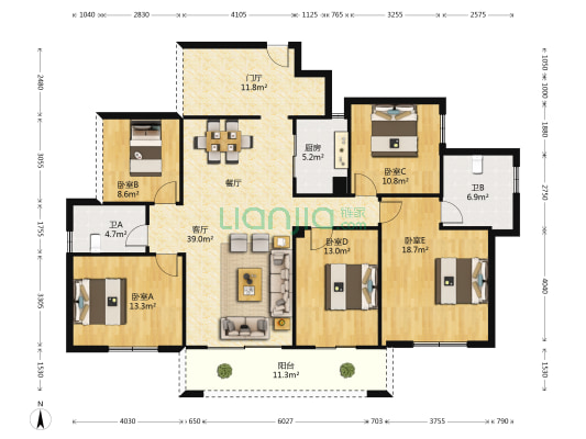 东葛汇贤居小区 5室1厅2卫 175平方
