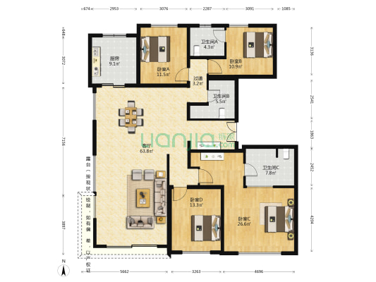 香山壹号院 4室1厅3卫 224平方