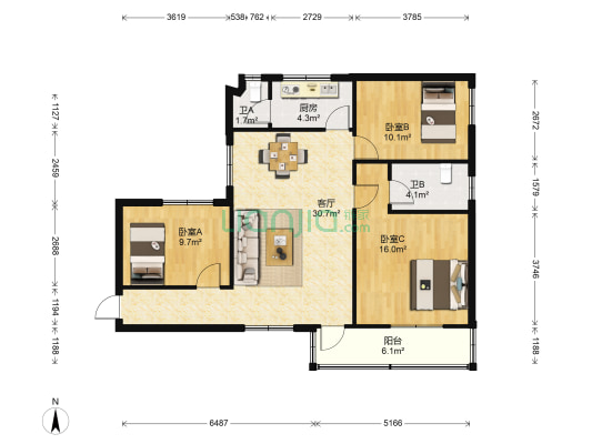 金沙某医院宿舍 3室1厅2卫 108平方