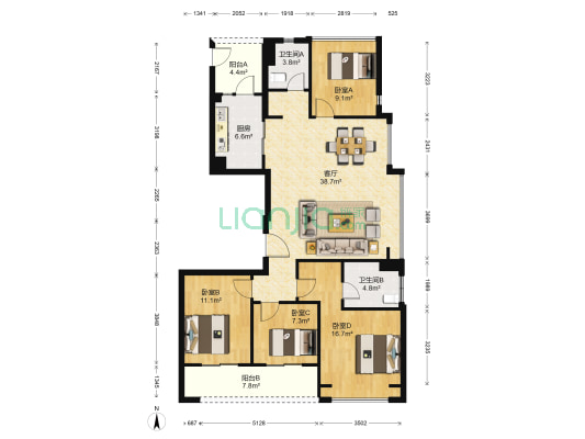 温州万象天地 4室1厅2卫 143平方