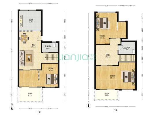  3室1厅2卫 136平方