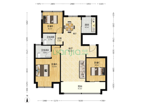 城建琥珀春树里 3室1厅2卫 111平方