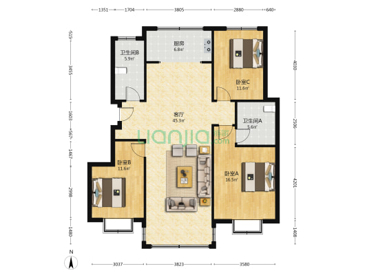 怡海星城一期 3室1厅2卫 128平方