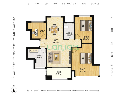 尹山湖景花园一期 3室1厅1卫 89平方
