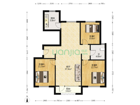 万橡府 3室1厅1卫 117平方