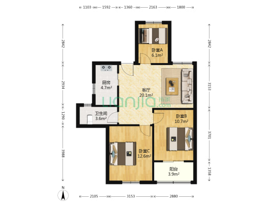 花港幸福城牡丹园 3室1厅1卫 90平方