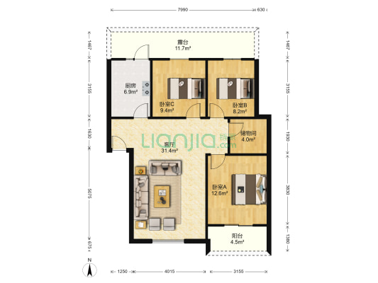 高桥小区 3室1厅0卫 93平方