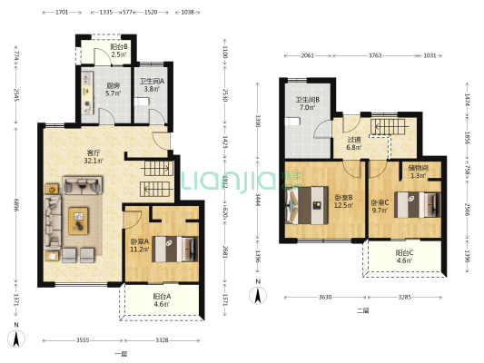 海明院 3室1厅2卫 129平方