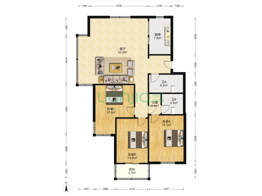 东门公寓 3室1厅2卫 140平方