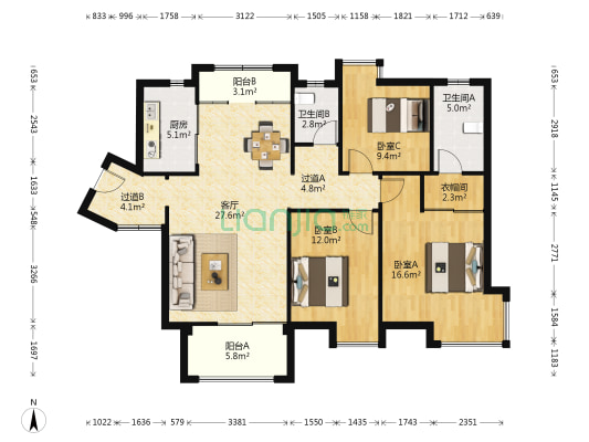 国贸金沙湾 3室1厅2卫 125平方