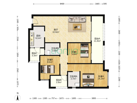 慧生时代广场 3室1厅2卫 115平方