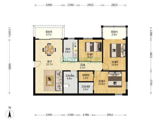广医二院宿舍 3室1厅2卫 94平方