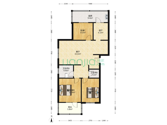 高管局宿舍 3室2厅2卫 103平方