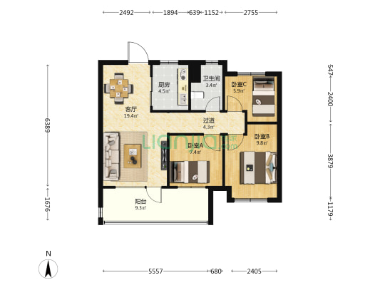 古现里文旅小镇 3室1厅1卫 90平方