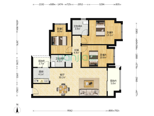 洺悦城公园里二期 3室1厅2卫 109平方