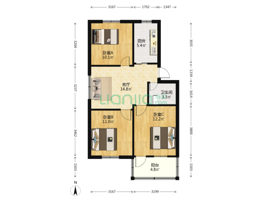 福飞路绿化队单位宿舍 3室1厅1卫 80平方