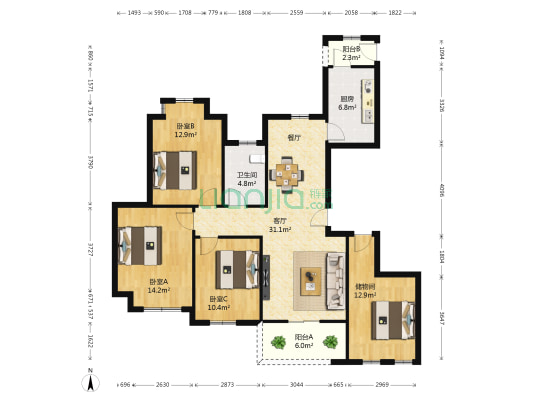 绿地香颂 3室1厅1卫 127平方