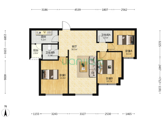 尊邸 3室1厅2卫 91平方