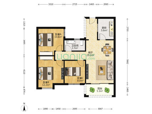 九龙阳光 3室1厅1卫 90平方