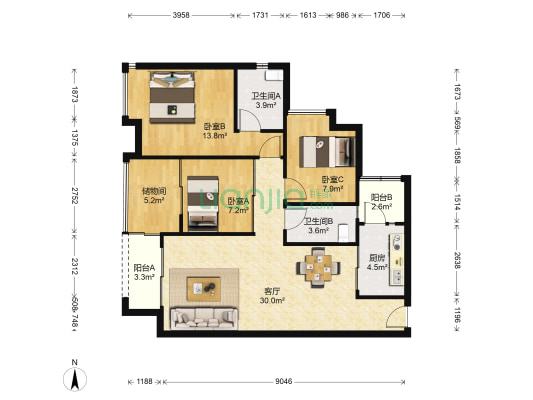 中海金沙馨园一期 3室1厅2卫 97平方