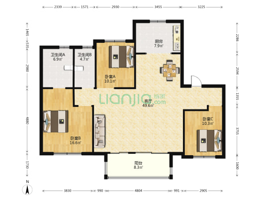 领地皇家蘭台一期 3室1厅2卫 140平方