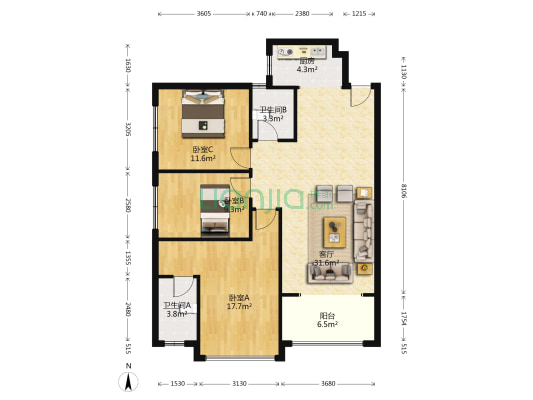 鸿锦国际 3室1厅2卫 93平方