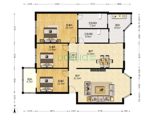 中铁小区 3室2厅2卫 146平方