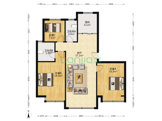 镇山小区西区 3室1厅2卫 136平方