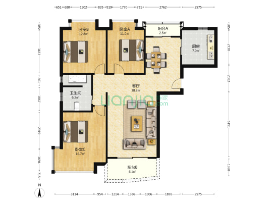 罗香苑 3室1厅1卫 120平方