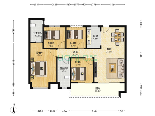 城发恒伟洋湖映2009 4室1厅2卫 122平方